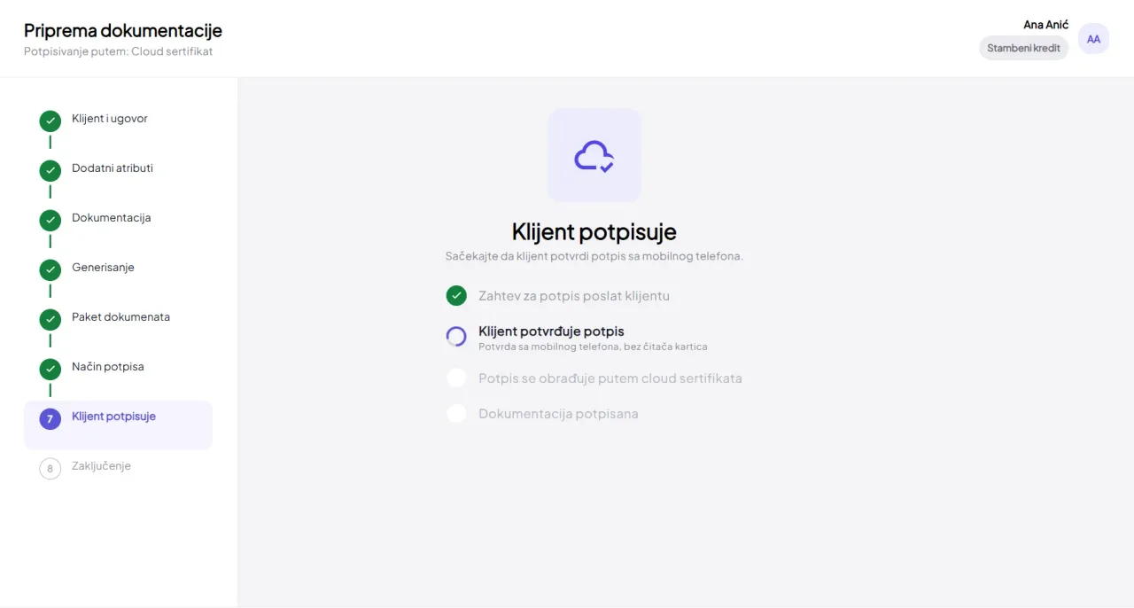 Client signing a document package with a cloud certificate